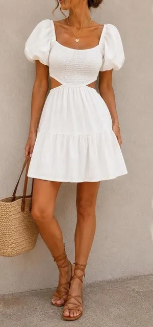 Sky to Moon White Ruched Puff Sleeve Cutout Dress thumbnail 1