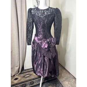 VTG 80s Whimsigoth High-Low Prom Dress Metallic Purple Taffeta Black Lace-Bow S thumbnail 2