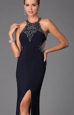 Betsey and Adam Navy Blue Yellow Beaded Maxi Dress Size 2 thumbnail 1