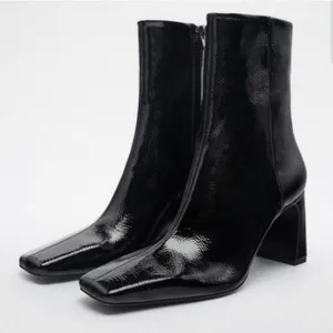Black Patent Glossy Shine Leather Ankle Boots Block Heel Square Toe thumbnail 2