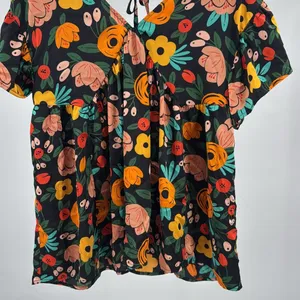 Entro Floral babydoll Blouse M Black Orange Yellow Green colorful flowy silky thumbnail 7