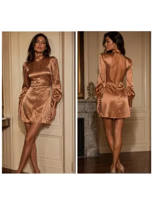 Reformation $278 Womans 12 NWT Kim 100% Silk Mock Neck Mini Dress Open Back thumbnail 2
