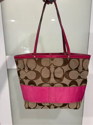 Vintage Coach Reversible Stripe Tote Bag Khaki Pink Canvas with Leather Trim thumbnail 5