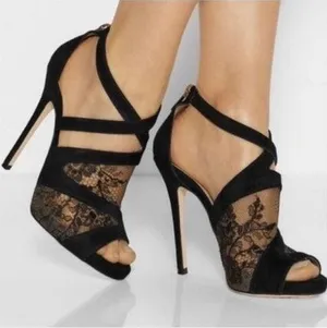 Jimmy Choo Vantage Black Suede Lace Glove Sandals EU 39 Stiletto Romantic Goth thumbnail 1