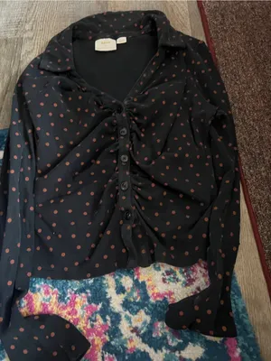 Maeve Anthropologie Ruched Button Front Top XL Black Tan Polka Dot Stretch thumbnail 11
