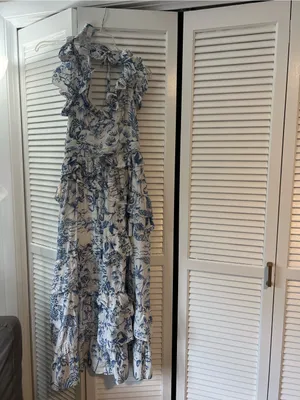 Storia White and Blue Floral Ruffle Maxi Dress thumbnail 6