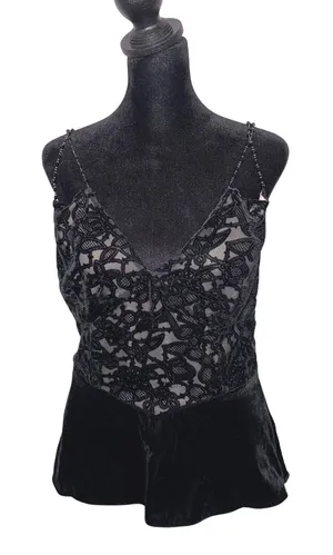 Y2K Whimsigoth Burnout Velvet Cami Top Beaded Lace Fair Grunge Size M Black thumbnail 1
