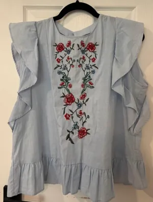 Ruffled Embroidered Top Blue Size L thumbnail 1