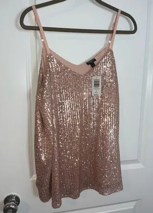Torrid NWT V-neck Sophie Rose Gold Sequin Woven Swing Lined Relaxed Cami Size 1X thumbnail 1
