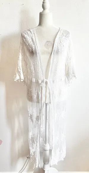 White Lace Kimono Duster‎ Ethereal Boho Cottagecore Festival Layering Medium thumbnail 1