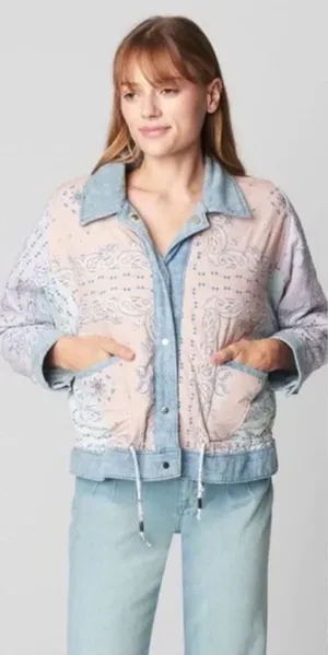 BLANK NYC Reversible Quilted Denim Jacket Large Blue Floral Snap Front Coat thumbnail 1