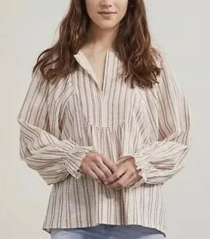 Elizabeth & James Size L Stripe Pintuck Peasant Blouse Red Cream Large thumbnail 1