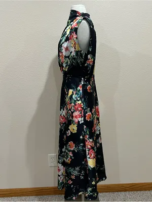 Maurices Black Floral Funnel Neck Satin Midi Dress Size Medium thumbnail 7