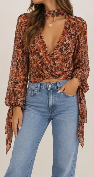 Free People Floral Mesh Top Small Draped Tie Neck Boho Y2K Blouse thumbnail 1