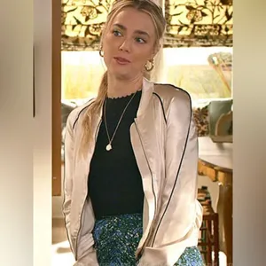 Celebrity Zara Satin Bomber Jacket Zip Down Cream XS thumbnail 2