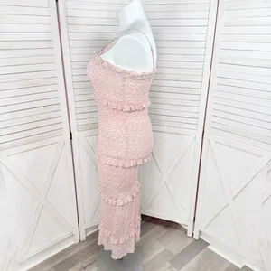 Mabel Daphne Ditsy Flower Ruffe Trim Smocked Midi Long Tube Dress Pink‎ Large thumbnail 3