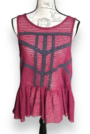 Free People Mesh Knit Peplum Tank Top Pink Purple Geometric Open Back Shirt ~Med thumbnail 1