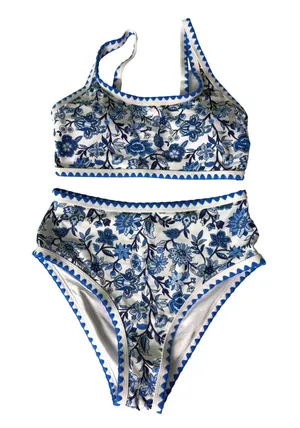 Blue White Floral Chintz Ric Rac High Waisted Bikini‎ Swimsuit Size Smal New thumbnail 1