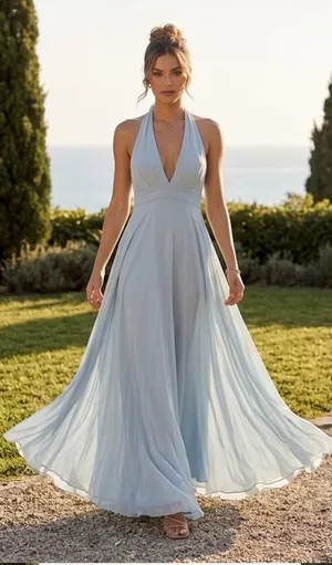 Lulus Light Blue Halter Maxi Dress Elegant Chiffon Flowy Gown Size L thumbnail 1