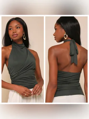 Lulu's Cute Inspiration Dark Green Sleeveless Halter Top thumbnail 2