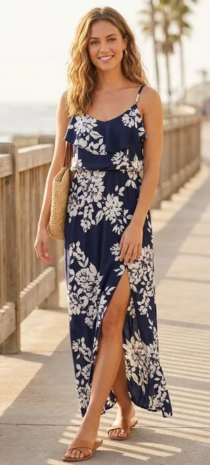 Three Hearts Navy and White Floral Ruffle Maxi Dress thumbnail 1