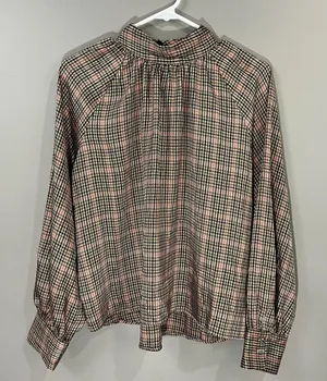 ZARA Houndstooth Pattern High Neck Long Sleeve Button Cuff Blouse Sz M EUC thumbnail 1