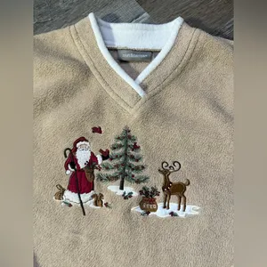 Croft & Barrow VTG Christmas Sweater Santa Sleigh Reindeer Bunny Fuzzy Sherpa Brown Tan Comfy S thumbnail 4