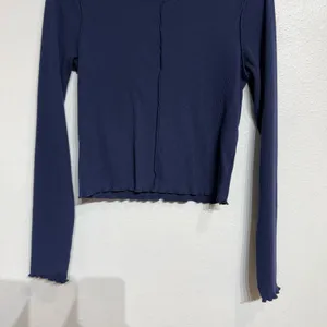 Aerie Navy Ribbed Cropped Long Sleeve Top Sz M thumbnail 4