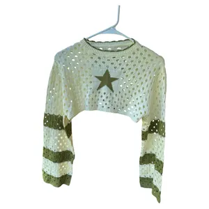 Star Crochet Knit Cropped Sweater Women Small Cream Green Long Sleeve Boho thumbnail 8