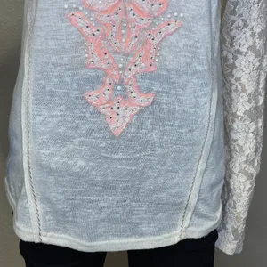 Sheer Long Lace Sleeve Blouse Cream With Coral Applique On Front Size L thumbnail 5