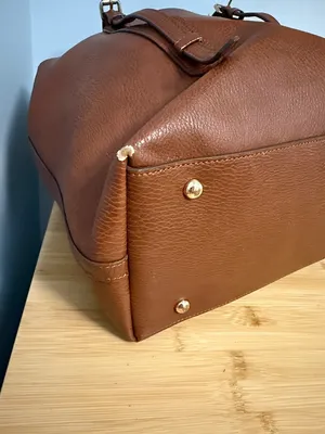 Sondra Roberts Squared Cognac Brown Tote with Gold Buckles Computer Bag or Purse thumbnail 7