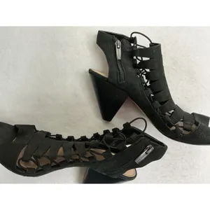 Vince Camuto Womens 9W Black Strappy Lace Up Cage Sandals Cone Heel Side Zip thumbnail 8