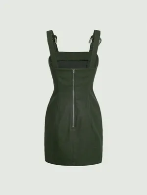 AUW Olive Green Faux Suede Mini Overall Dress with Silver Buckles Size Small thumbnail 2