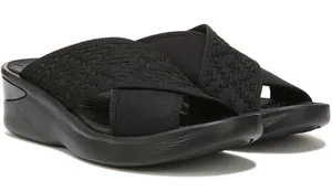 Bzees Women's Black Wedge Sandals 10M Comfort Slides Crisscross Straps Casual thumbnail 1