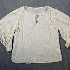 Lauren Conrad LC Size Small Cream Moon Star Pintuck Tie Neck Blouse Top Ruffle thumbnail 1