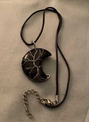 16” Black Cord Necklace Obsidian Black Moon Pemdant Silver Wrap Tree Of Life thumbnail 1