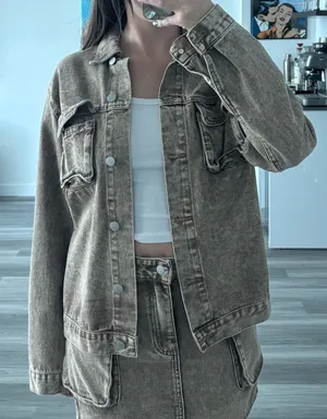 SheIn Brown cargo denim jacket thumbnail 1