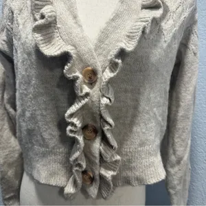 Industry L Cream Ruffle Cardigan Feminine Office Chic Quiet Luxury Sweater thumbnail 3