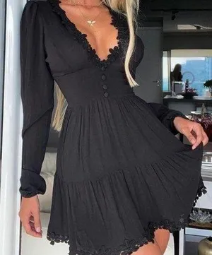Soana Boutique Lace Patch Button Front Ruched Casual Dress Black thumbnail 1