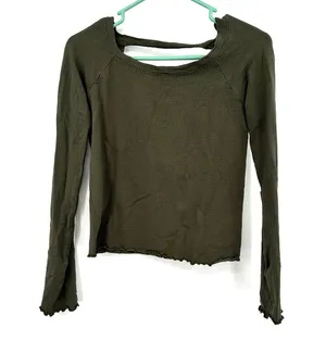 Free People Shirt Size Medium Olive Green Waffle Long Sleeved Crop Top Open Back thumbnail 1