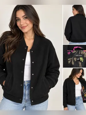 Well Worn Black Bomber Jacket size large fall coat feminine preppy gift varsity thumbnail 2