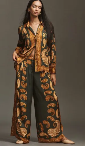 Farm Rio x‎ Anthropologie Printed Wide-Leg Pants Green Gold Paisley silky flowy thumbnail 1