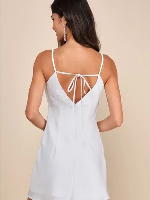 NWOT Lulus Mesmerizing Sweetie White Satin Rhinestone Cowi-Front Mini Dress M thumbnail 2