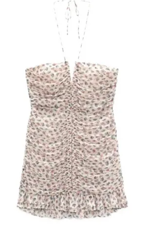 Zara Printed Cream Metallic Ruched Halter Mini Dress XS thumbnail 1
