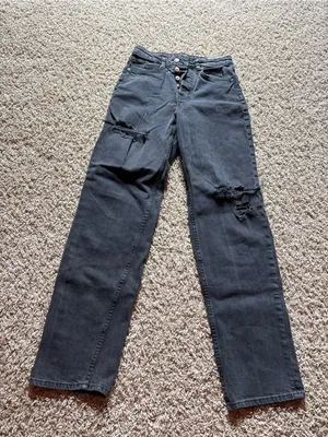 H&M Black High-Rise Distressed Button-Fly Jeans thumbnail 2