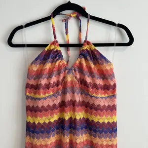 Wild Fable Crochet Halter Stripe Dress Women's Large Lace Up Back Pink Yellow thumbnail 8