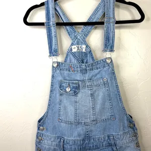 Free People We The Free Blue Cotton Baggy Cuffed Shortall Overall Denim Shorts thumbnail 7
