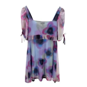 Topshop Paint Floral Mini Dress M‎ NWT Puff Sleeve Y2K Mesh Ruffle Tea thumbnail 7