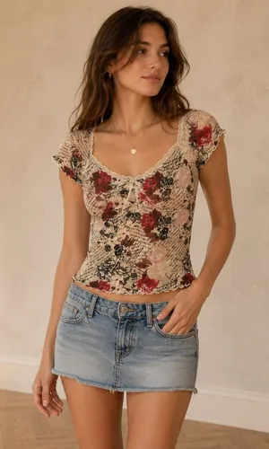 Almost Famous Sheer Floral Graphic Mesh Going Out Top Y2K Boho Size L thumbnail 1