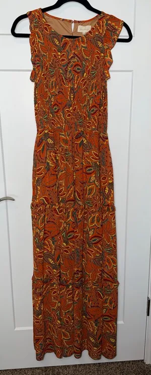 NWT Melloday Earthtone Floral Smocked Ruffle Tiered Maxi Dress thumbnail 1